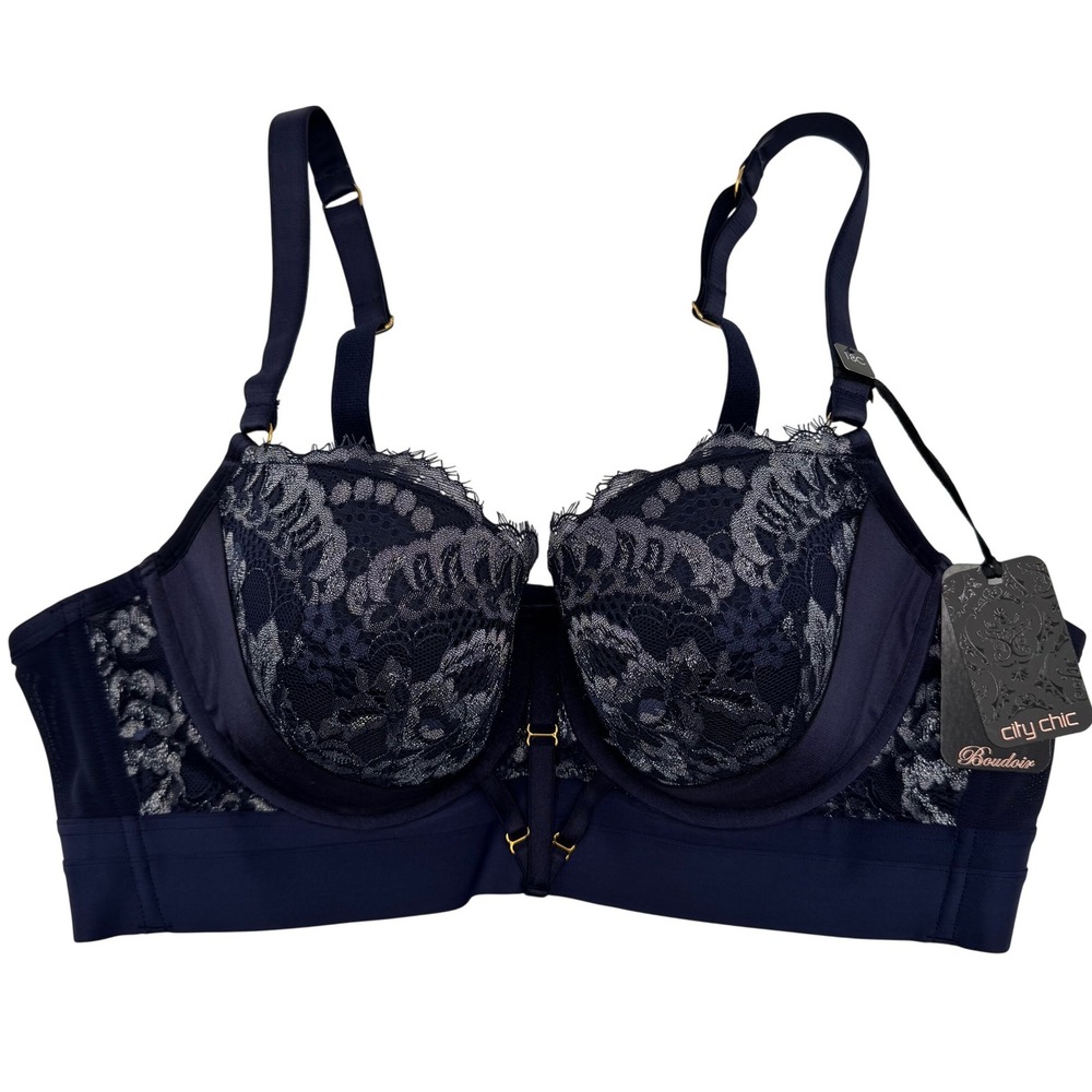 NWT City Chic Alexis Longline Bra Lace Metallic Underwire 40C Midnight Blue